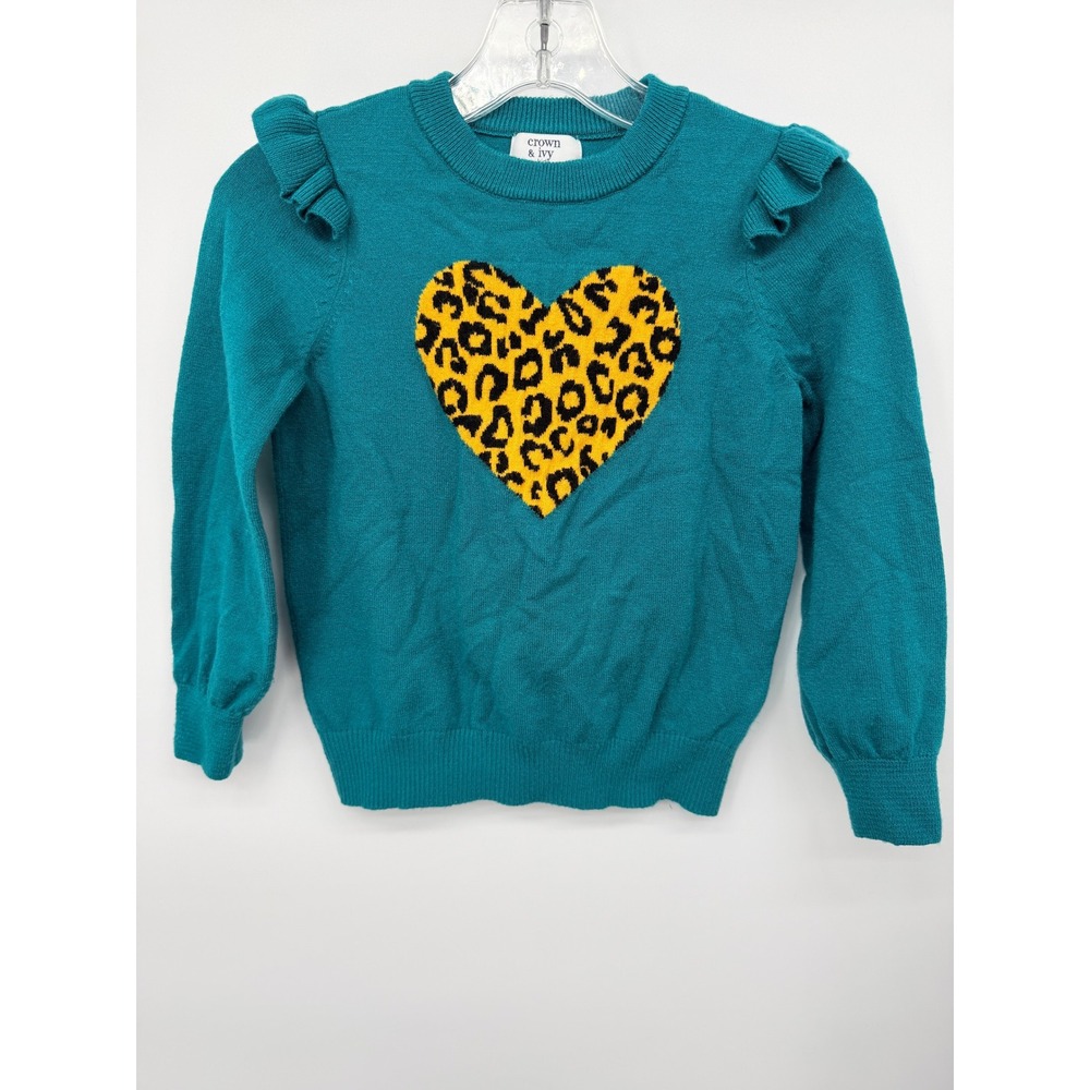 Crown & Ivy Kids Sweater Girls Size 5 Teal Leopard Heart Ruffle Good Condition